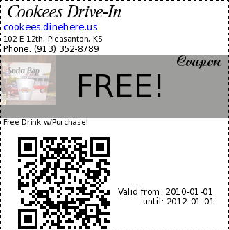Cookees Drive-In coupon : Free Drink w/Purchase!Must purchase sandwich and fry to receive free drink